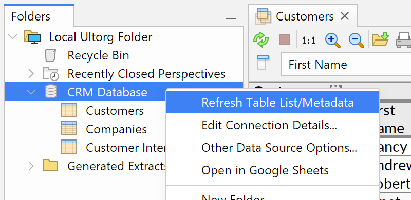 [The Refresh Table List/Metadata] action in the data source context menu.