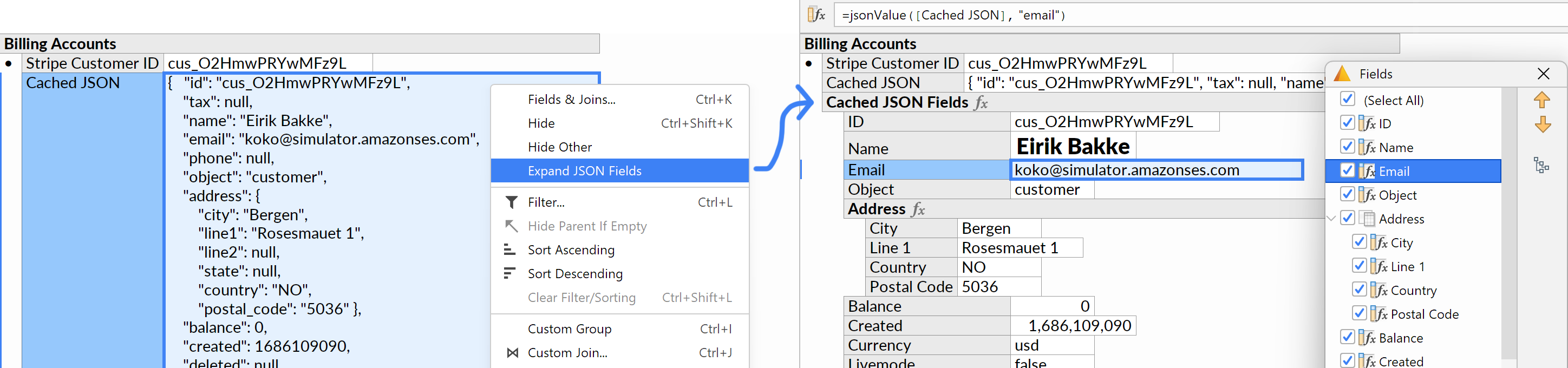 Screenshots showing the Expand JSON Fields action.