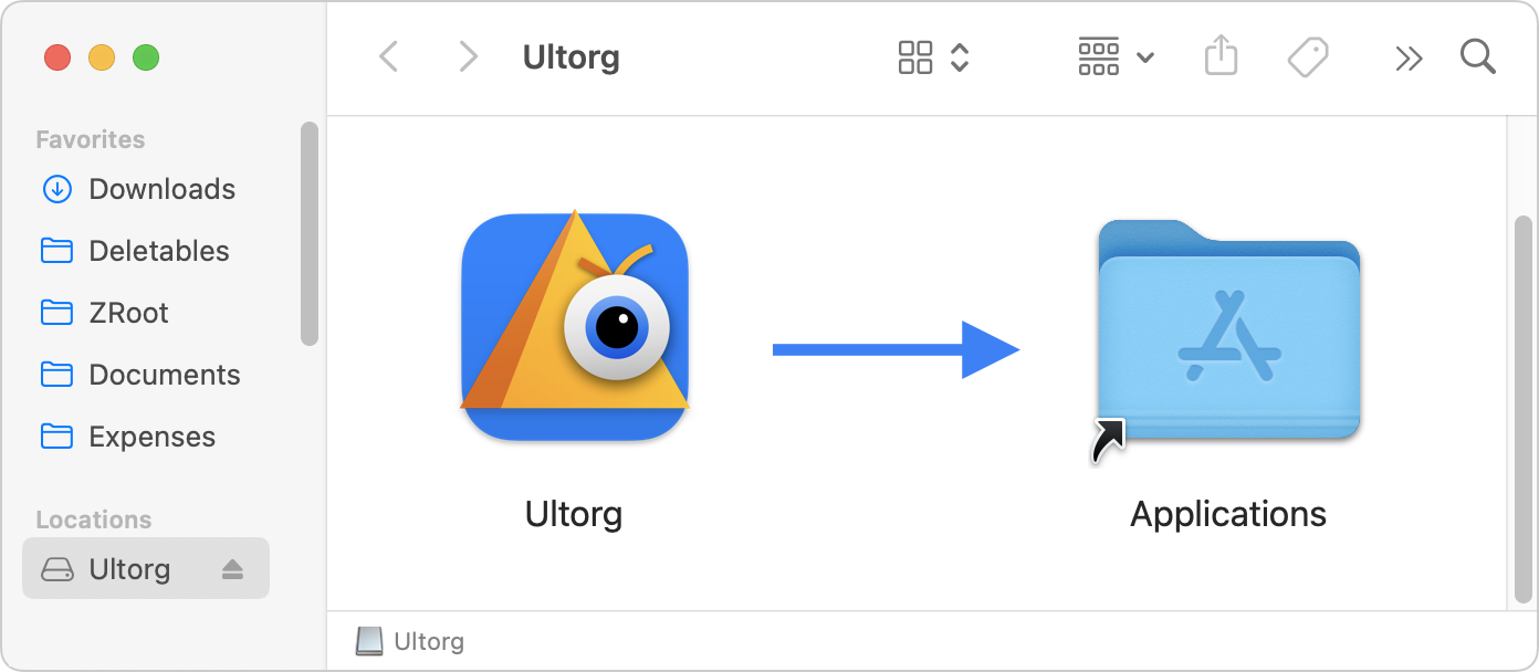 Screenshot of the Ultorg DMG file folder on MacOS, where the Ultorg.app file can be dragged to the Applications folder.