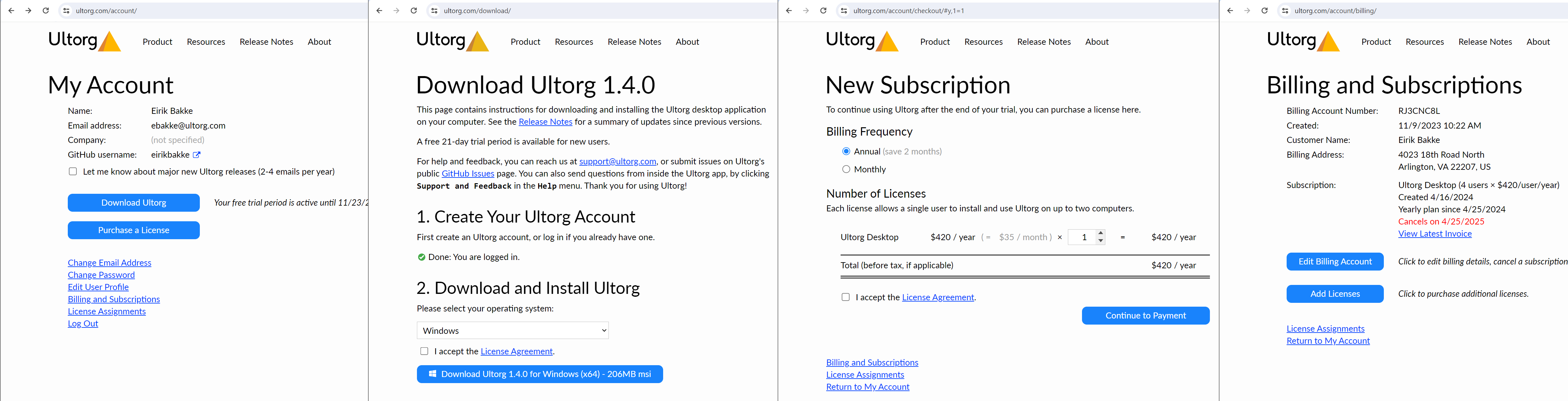 The My Account, New Subscription, Billing and Subscriptions, and Download pages in the account management portal.