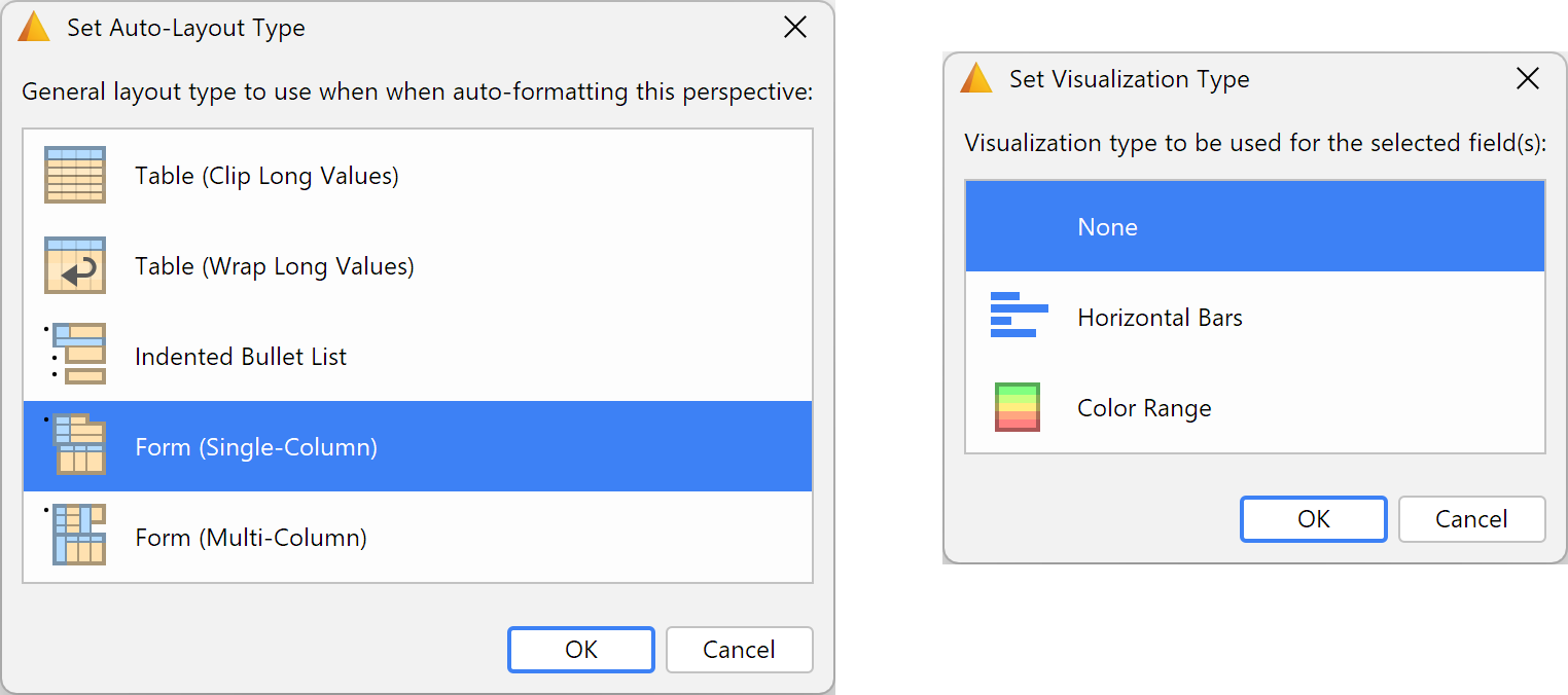 Dialog boxes for setting multiple-choice formatting properties, supplementing the corresponding toolbar buttons.