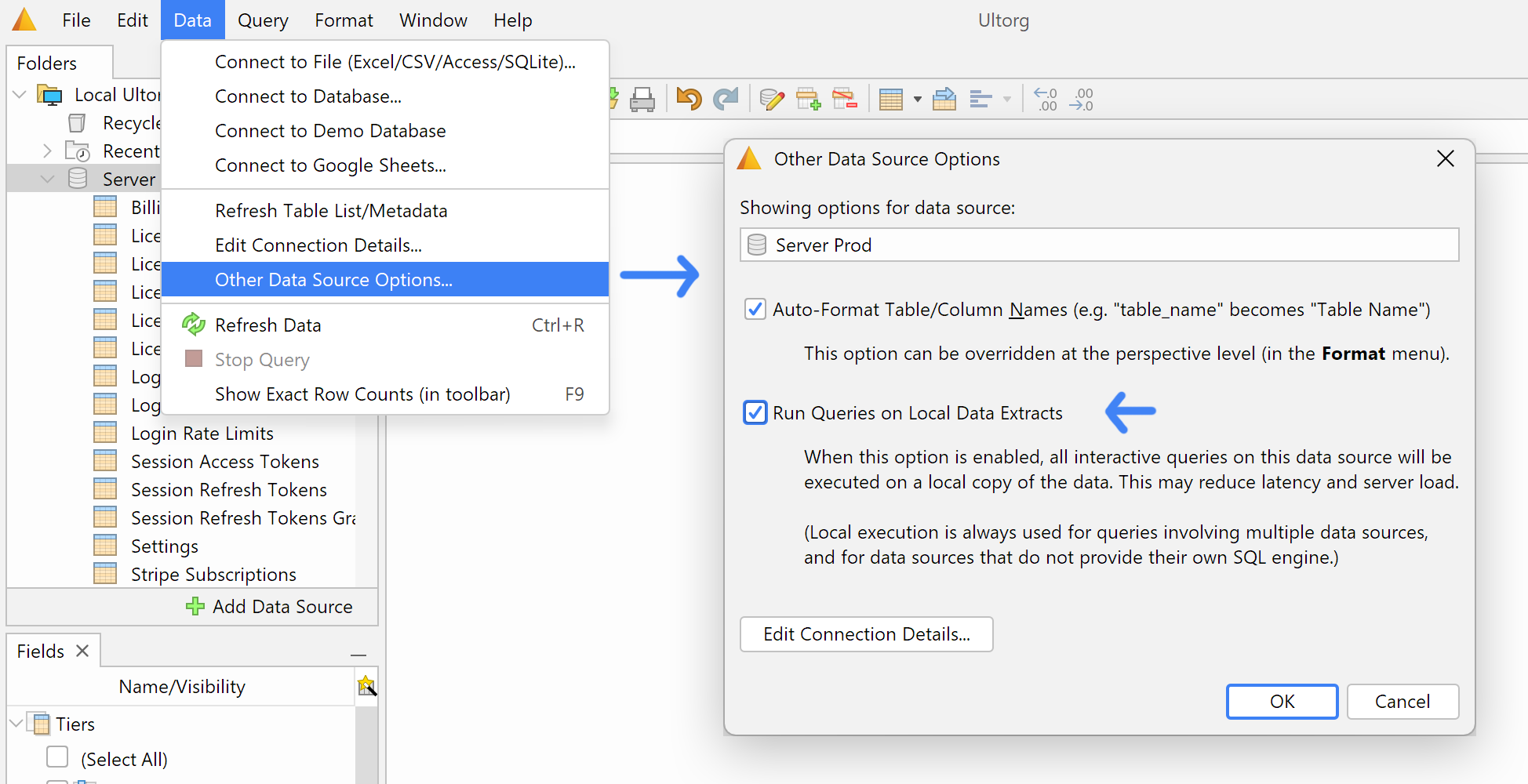 The Run Queries on Local Data Extracts Setting.