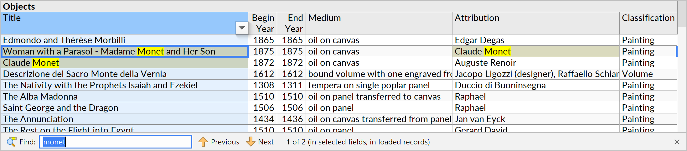 The Find action invoked when a single table column has been previously selected.