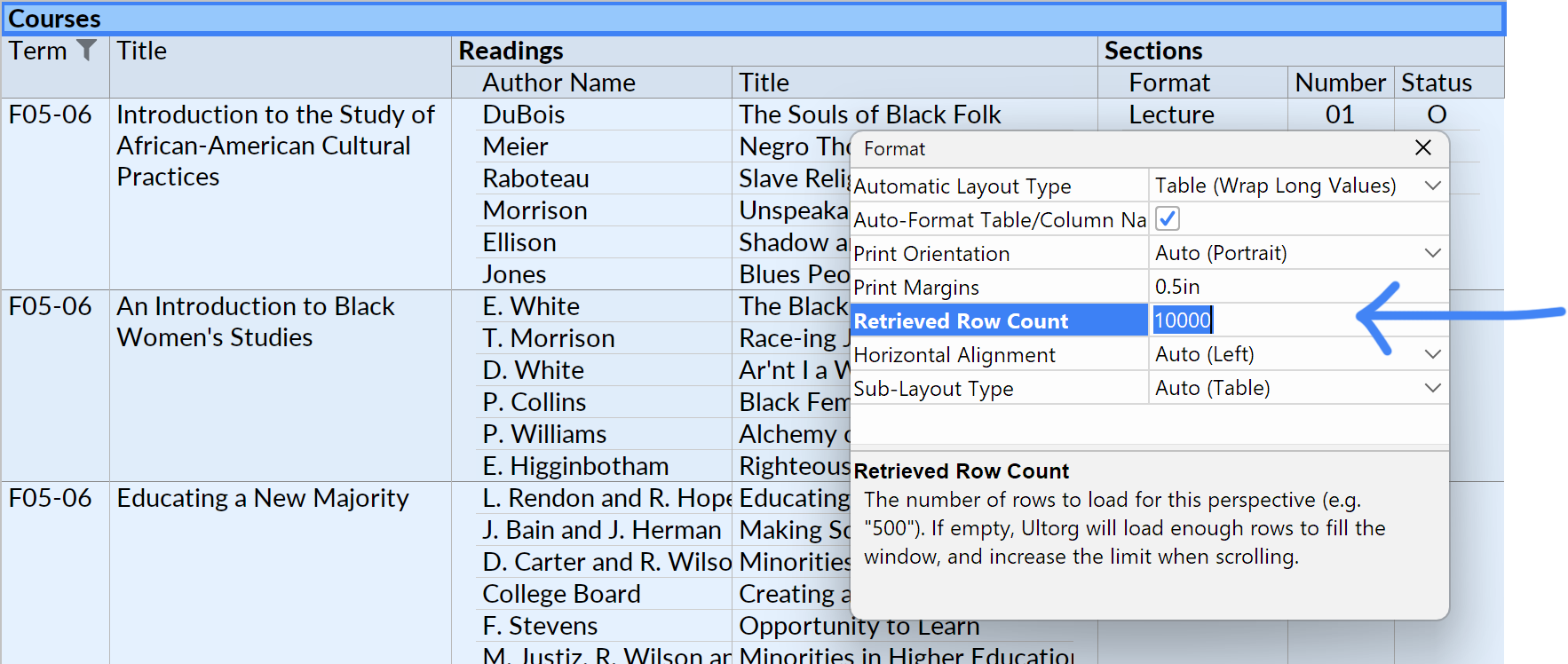 The Retrieved Row Count property being set in the Format popup, invoked on the root relation.