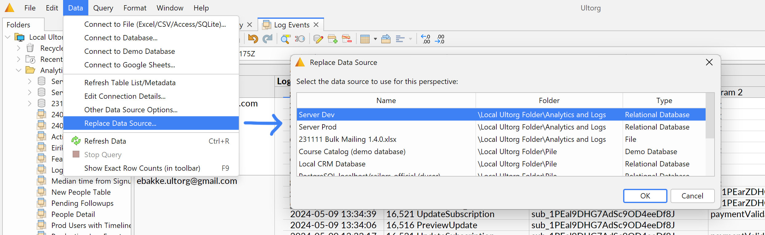 Screenshot of the Replace Data Source menu item and dialog box