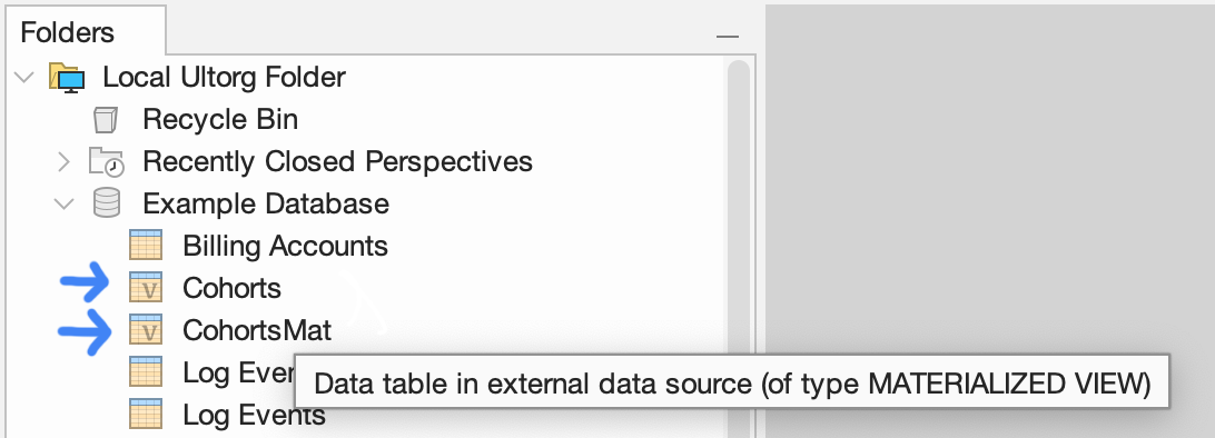 The table list indicating SQL VIEWs with a slightly different data table icon, with more information in the tooltip.