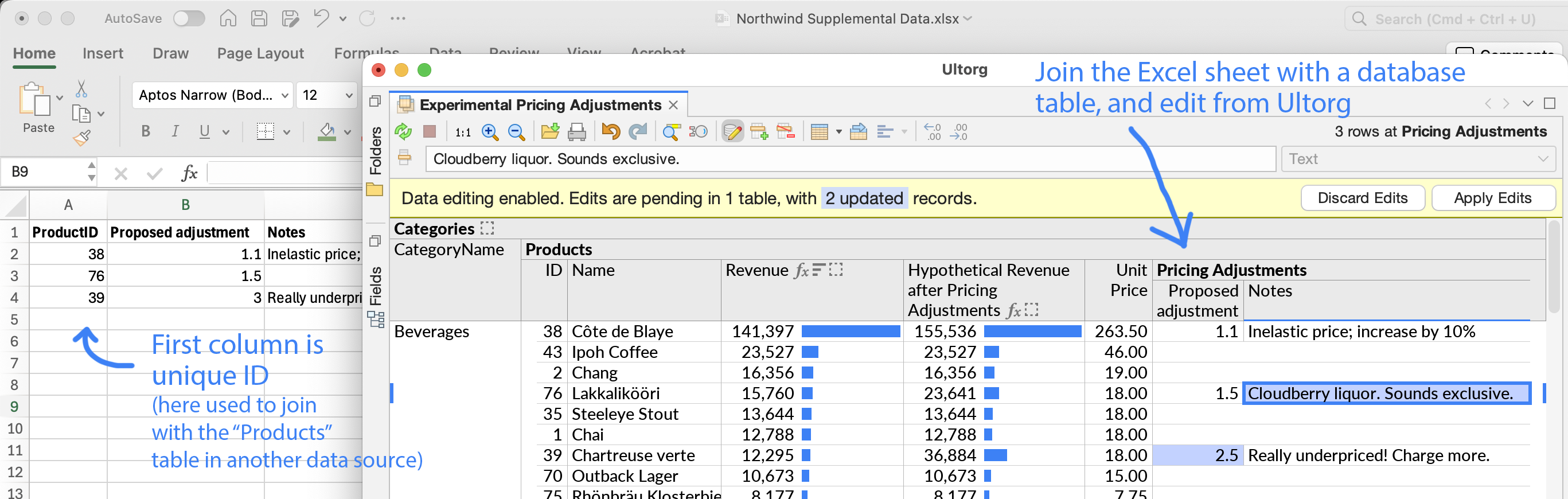 Screenshot of Ultorg with Excel in the background, showing how an Excel worksheet can be joined with tables in a relational database and edited from Ultorg.