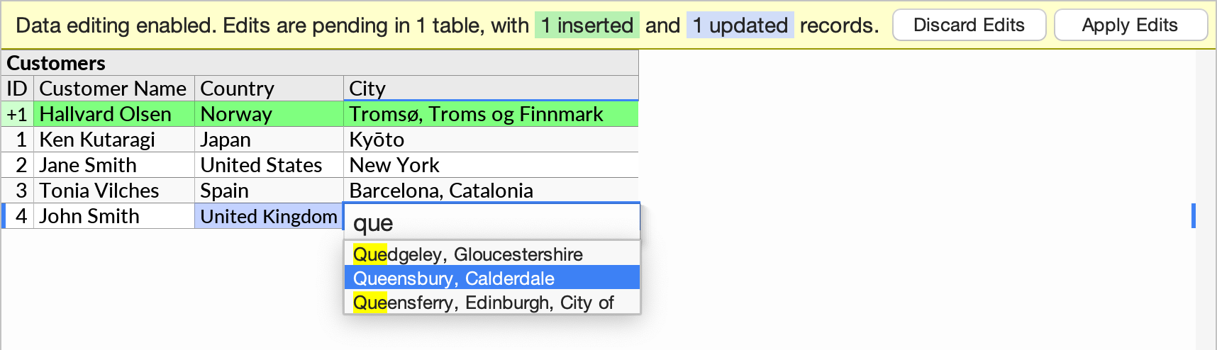 A dropdown list being used to pick a City specific to a Country selected in another field, using the Dropdown Constraint feature.