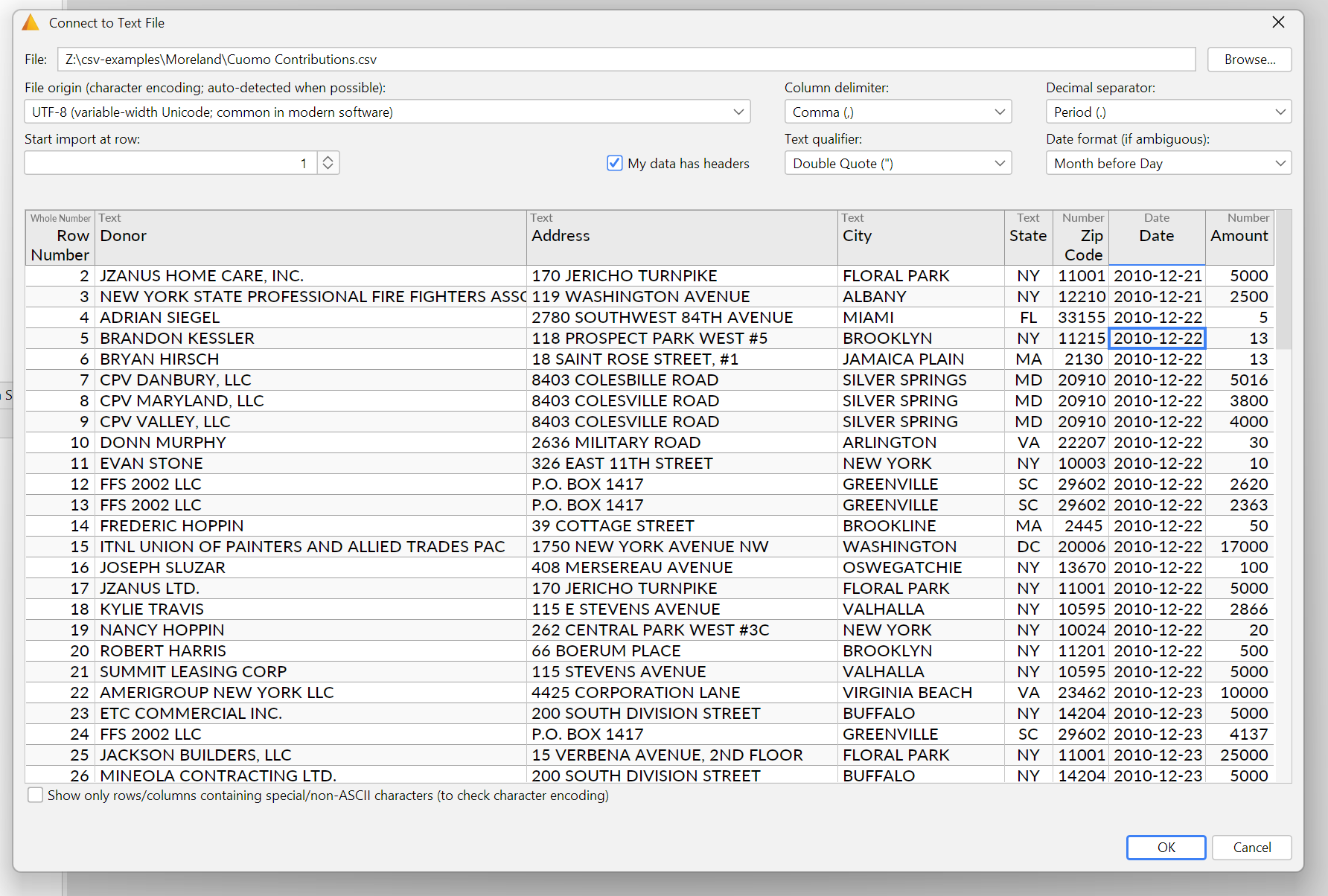 Screenshot of the Connect to Text File dialog